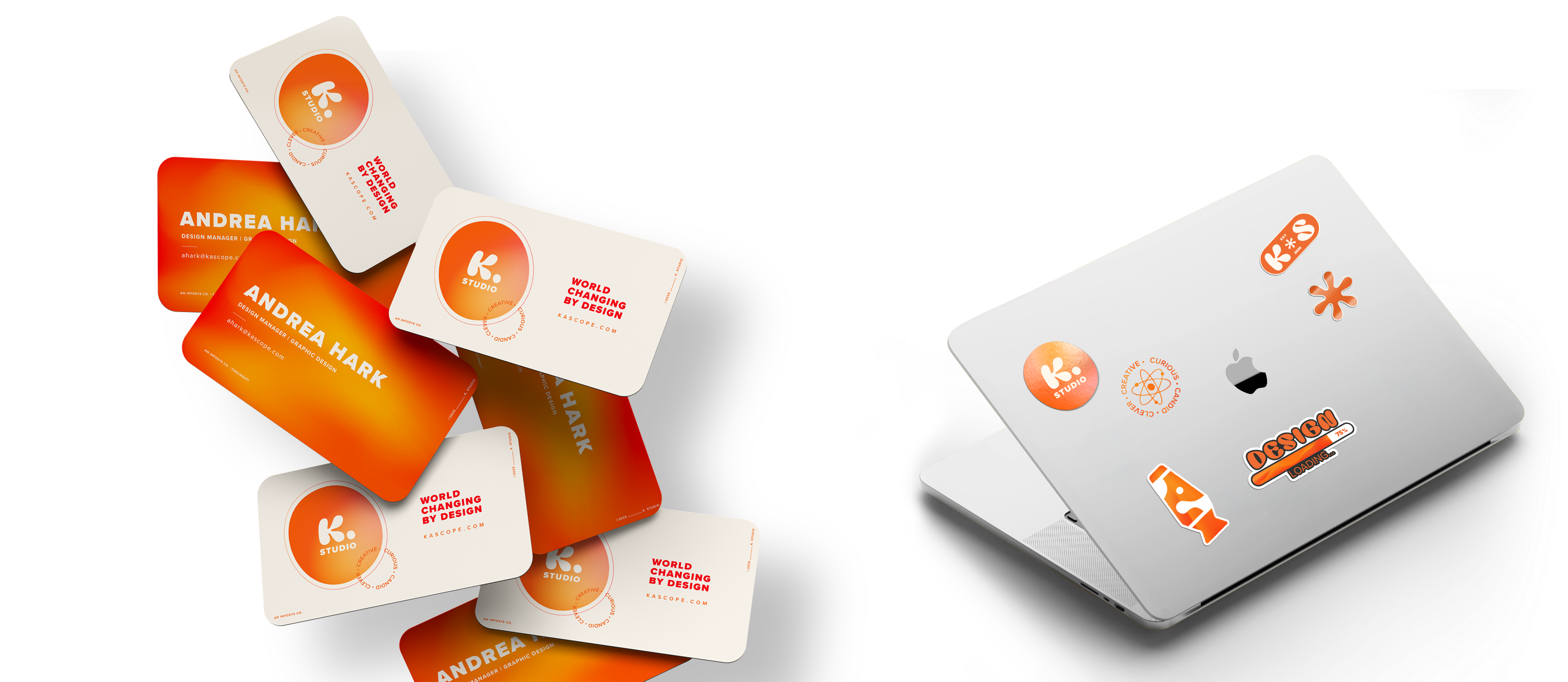K. Studio business cards and a branded laptop mockup