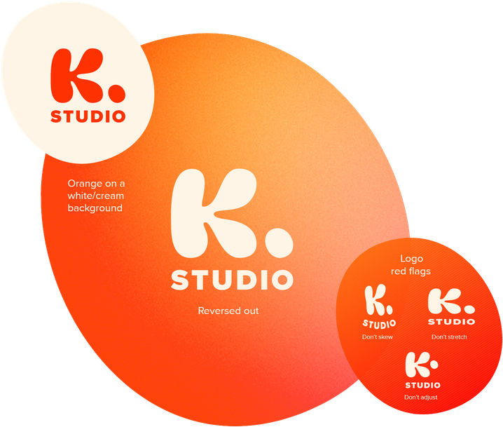 K. Studio logo applications on orange circular badges