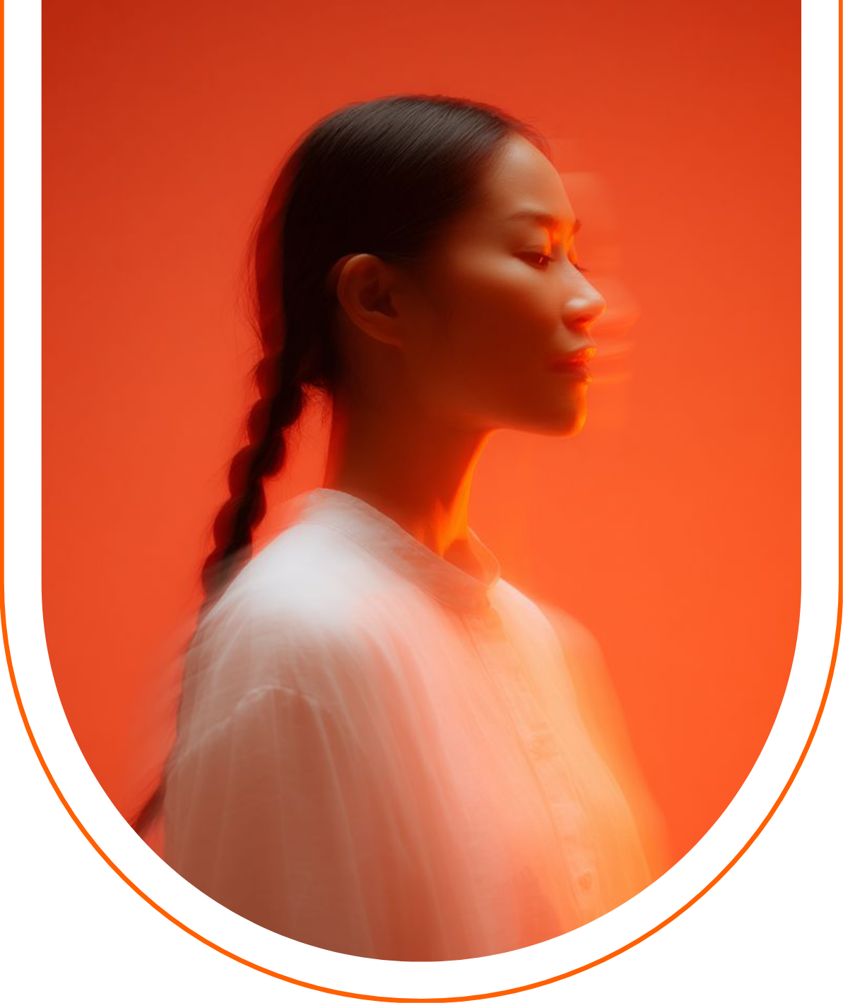 Woman in profile inside an arched orange frame