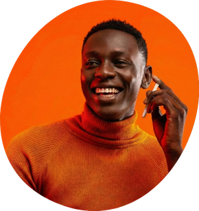 Smiling man in an orange sweater framed in an orange circle