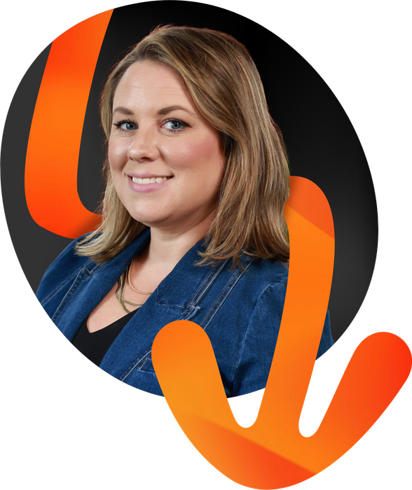 Smiling woman inside a circle with an orange brand shape