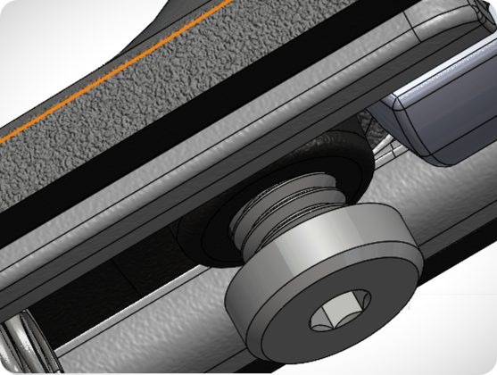Close-up render of the Columbo handle hinge mechanism