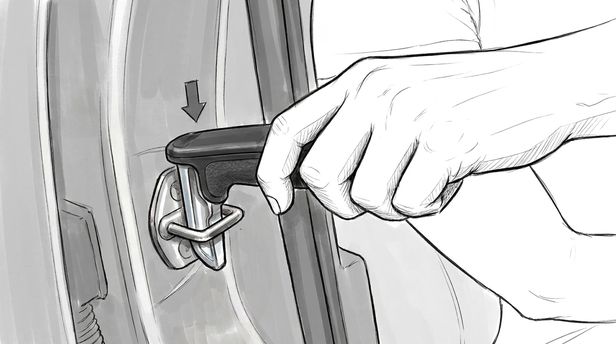 Sketch of a hand pressing the Columbo handle into a car door latch