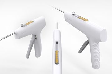 Baxter Floseal laparoscopic applicator shown from three angles