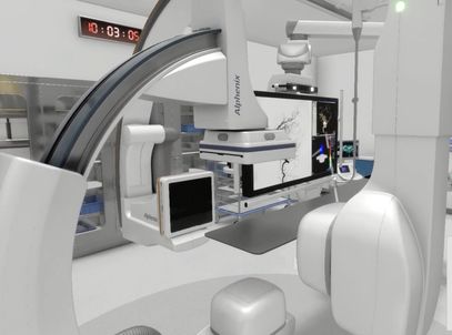 Canon interventional imaging suite with a C-arm system and monitors