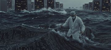 Surgeon wading through a sea of data under a city skyline